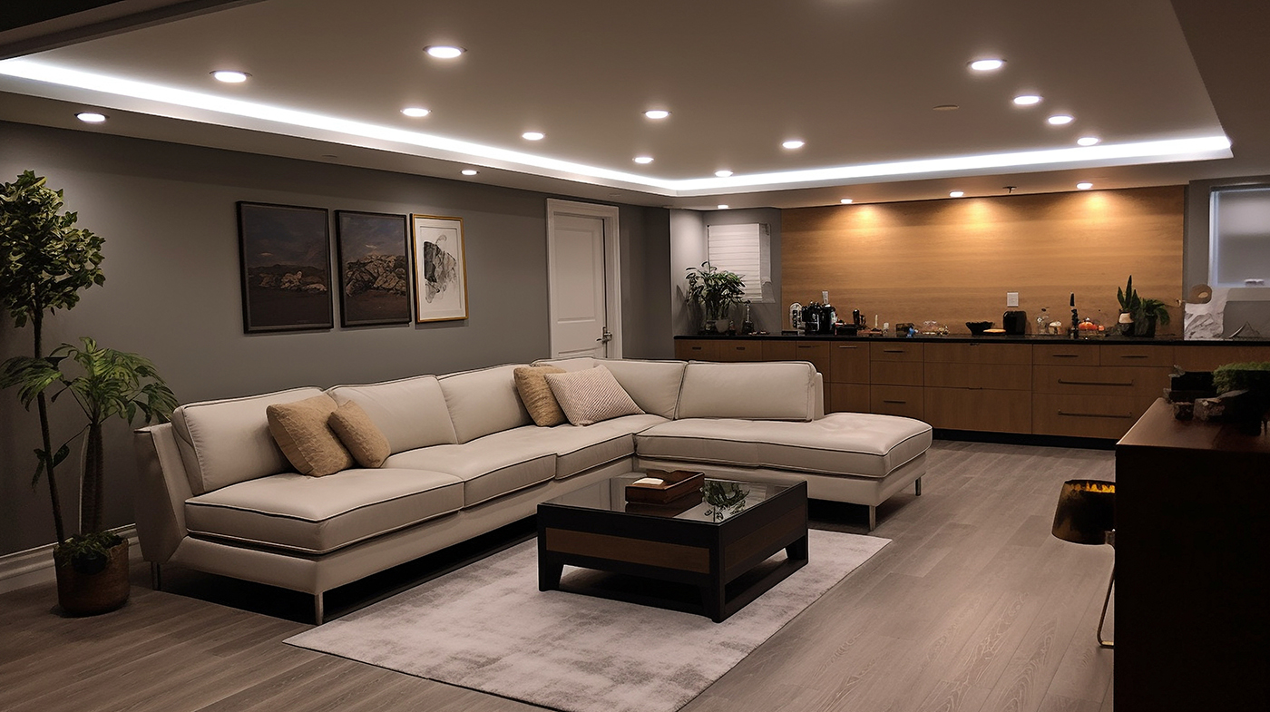Residential electrician work in Hamilton: finished basement rec room with pot lights and LED cove lighting