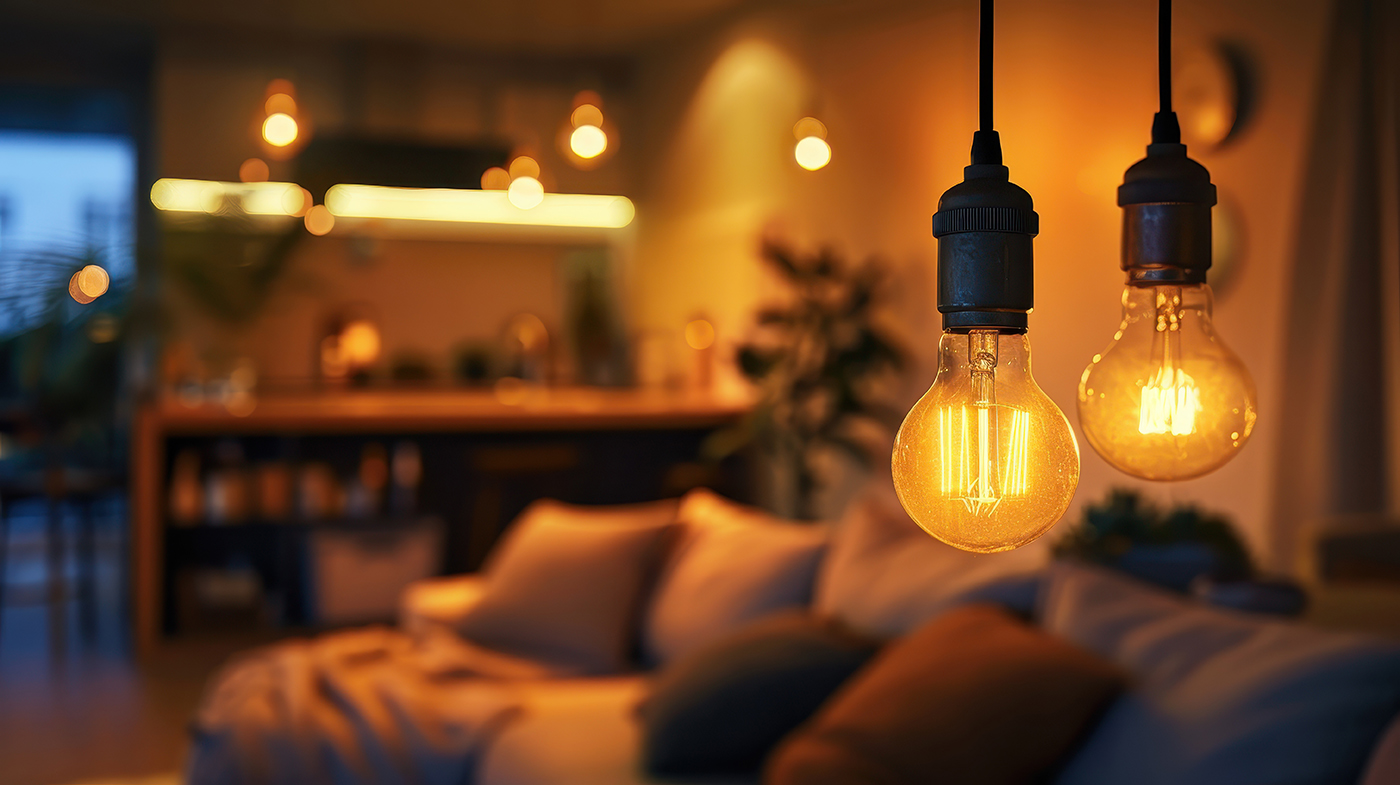 Apollo Electric reviews: living room lit by pendant Edison bulbs in the evening