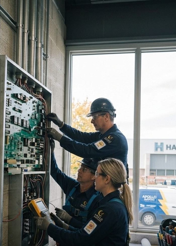 Apollo Electric crew testing a commercial control panel with a multimeter on a Hamilton site