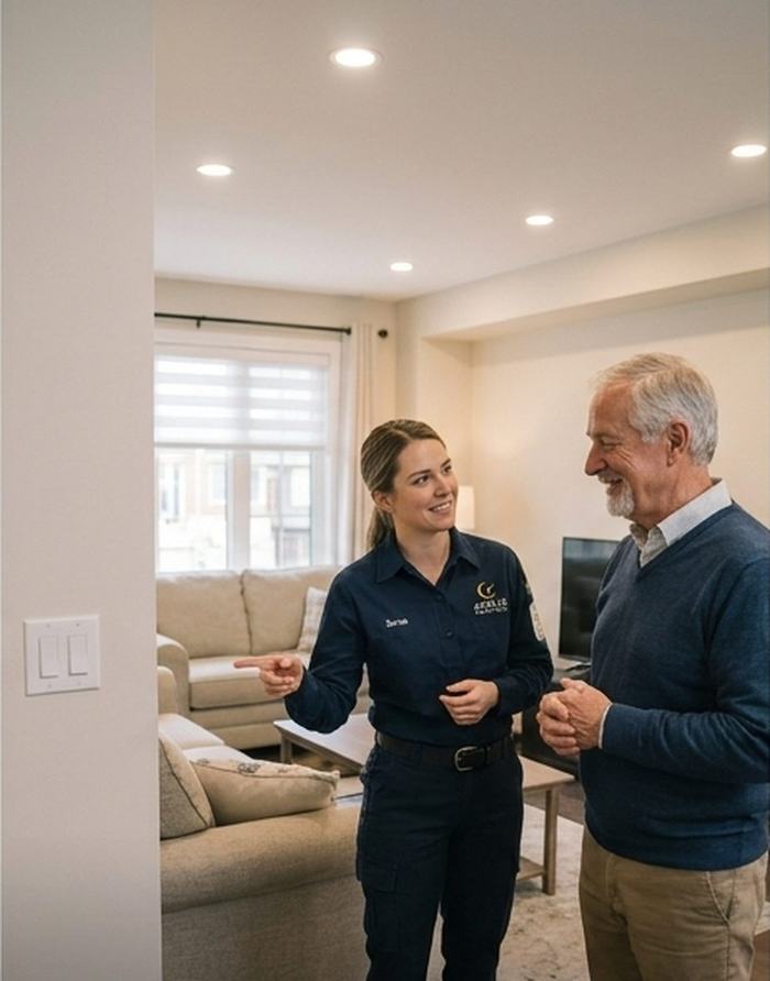 Apollo Electric electrician explaining a lighting and switch layout to a homeowner in a Hamilton living room